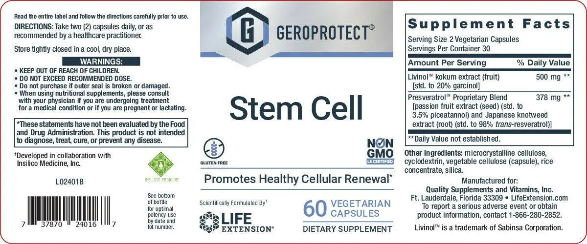 Geroprotect Stem Cell 60 Vcaps x 4 PK. Cellular Renewal Supplements - Project New Hope New York Inc